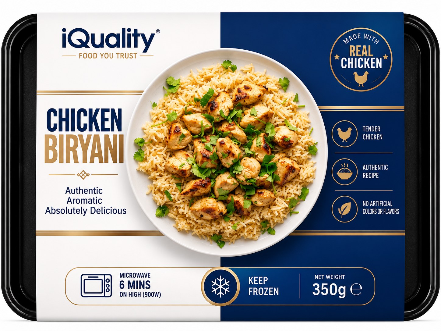 iQuality branded ready meal tray — Chicken Biryani