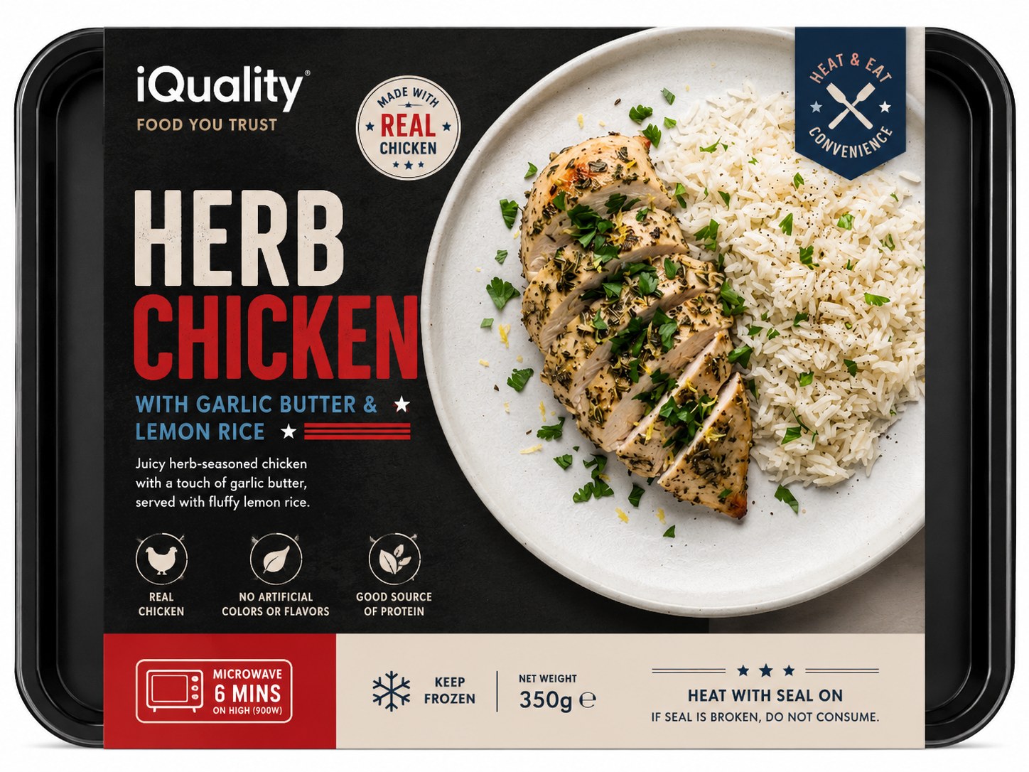 iQuality branded ready meal tray — Herb Chicken with Garlic Butter and Lemon Rice