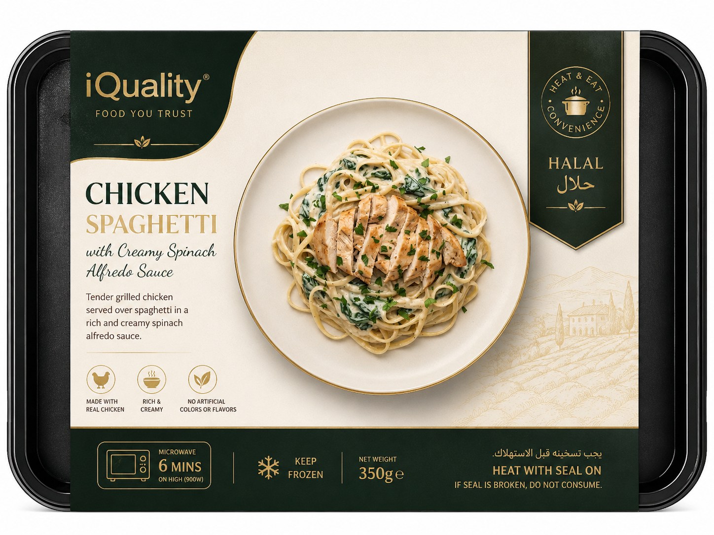 iQuality branded ready meal tray — Chicken Spaghetti with Creamy Spinach Alfredo